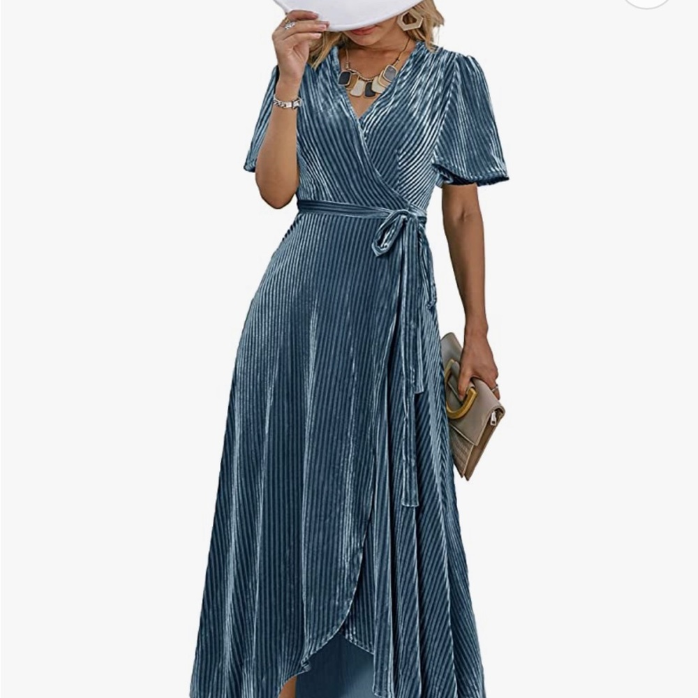 Light blue velvet wrap dress. Size 12. Worn once for wedding.